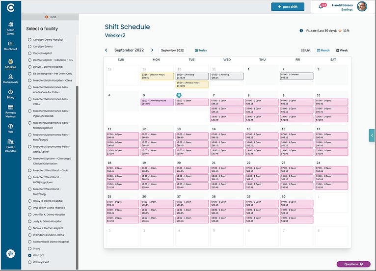 Original CareRev shift schedule month view showing a calendar grid with shift counts in each day cell.