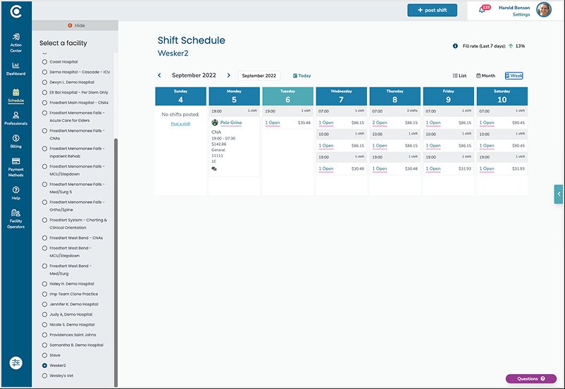 Original CareRev shift schedule week view showing seven daily columns with shift counts and openings.