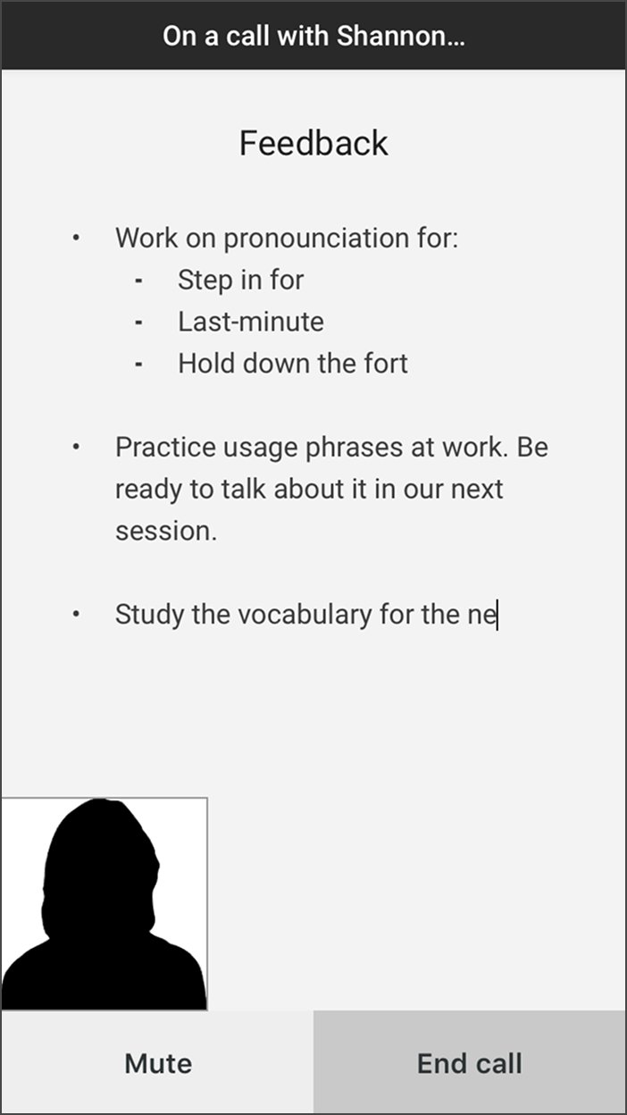 Mobile screen titled Feedback, shown during an active call with the tutor. A bullet list shows pronunciation items and practice instructions. Mute and End call buttons sit at the bottom.