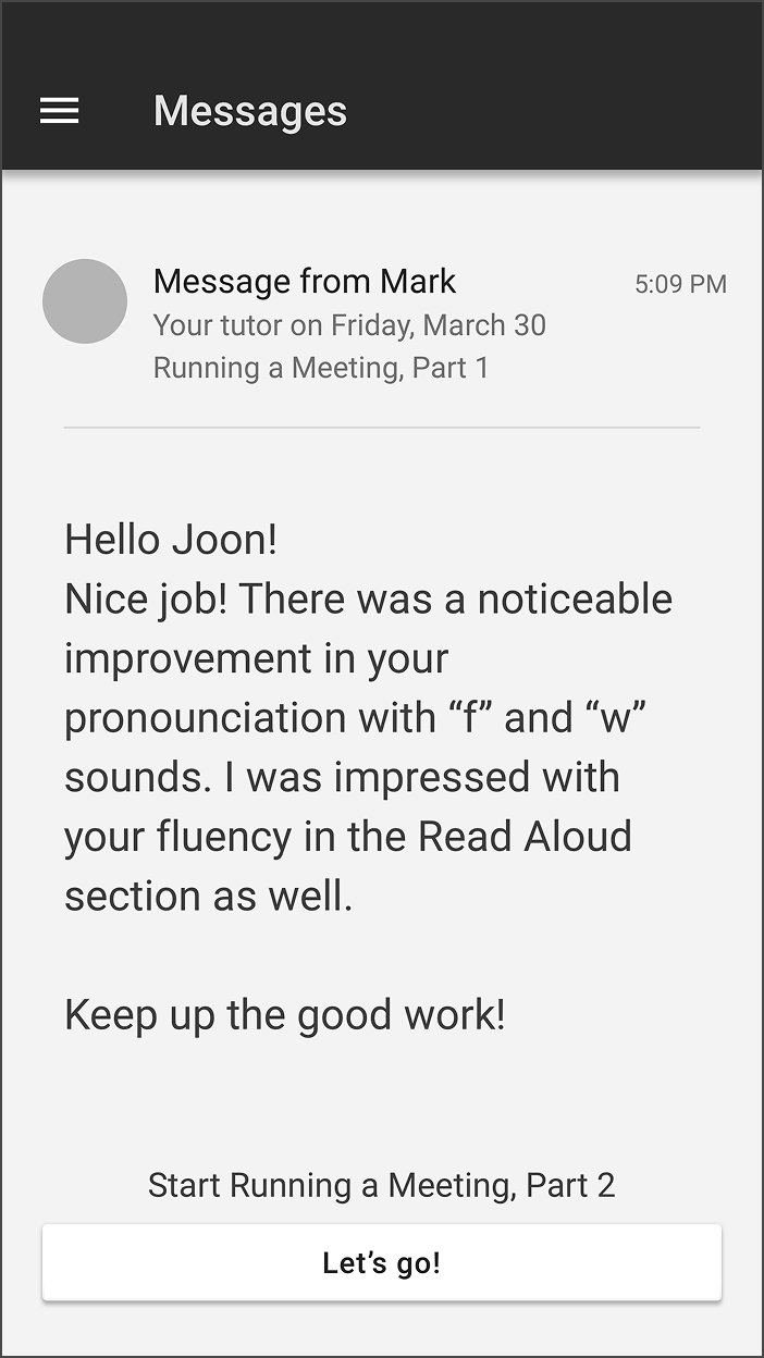 Mobile Messages screen with a message from tutor Mark. The body opens with Hello Joon, Nice job, and praises pronunciation improvement on f and w sounds and fluency in the Read Aloud section. A Lets go button starts the next lesson.