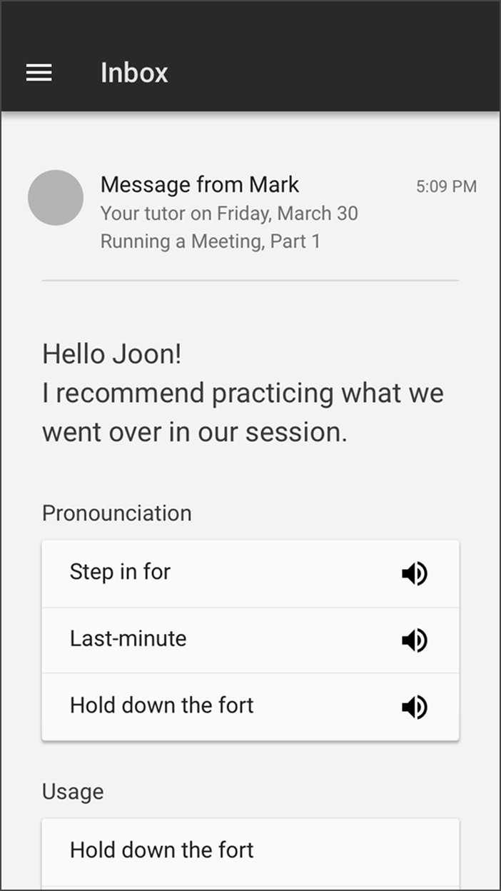 Mobile Inbox screen with a message from tutor Mark. Below the message, sections labeled Pronunciation and Usage list practice phrases with audio playback buttons.