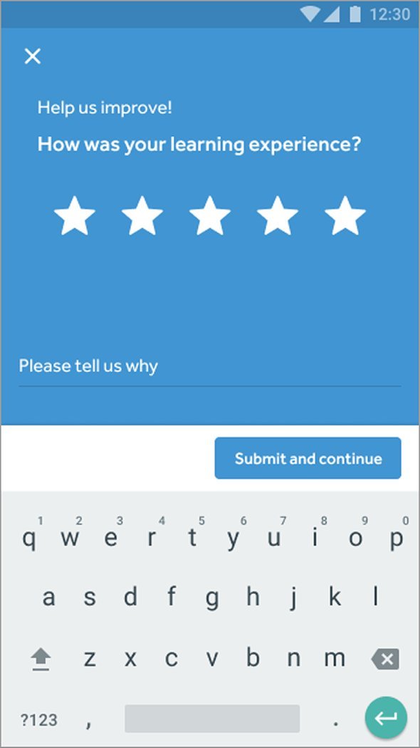 Second mobile post-session feedback prompt on a blue canvas. Header reads Help us improve. Subhead asks: How was your learning experience, with a five-star rating row below. A Please tell us why text field follows, and a Submit and continue button sits at the bottom.