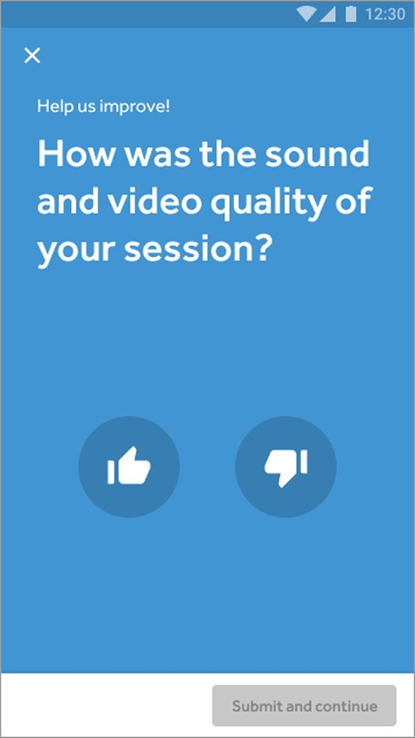 Mobile post-session feedback prompt on a blue canvas. Header reads Help us improve. Large headline asks: How was the sound and video quality of your session? Two circular buttons below: thumbs up and thumbs down. A Submit and continue button sits at the bottom.