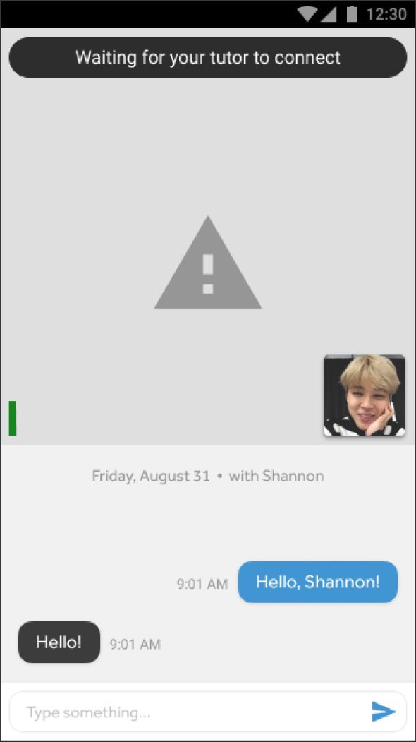 Mobile screen with a dark banner at top reading Waiting for your tutor to connect. A warning triangle sits in the center of a gray canvas. A small learner video thumbnail is in the bottom right. Below the canvas: Friday, August 31, with Shannon. A chat thread shows the learner saying Hello, Shannon at 9:01 AM and Shannon replying Hello at 9:01 AM.